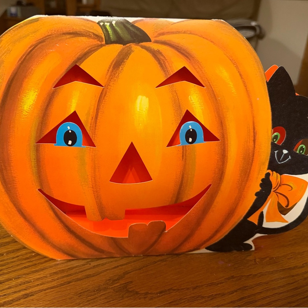 Norcross Vintage Halloween Jack-O'-Lantern With Black Cat Halloween Card